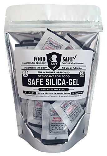 Safe Silica-Gel for Food, 2 Gram [50 Packs], Food Safe Desiccant, Dehumidifiers, Moisture Absorption by Safe-Gel (FDA, TUV & Kosher Approved) (50)