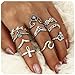 Zealmer Wave Ring Vintage Silver Knuckle Ring Set Crown Chevron Flower OM Religious Cross Earrings