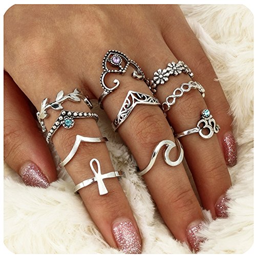 Zealmer Wave Ring Vintage Silver Knuckle Ring Set Crown Chevron Flower OM Religious Cross Earrings - Thumbnail 3