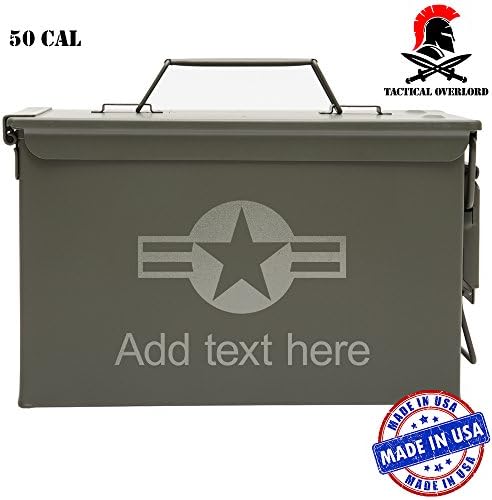 Personalized Custom 50 Cal Ammo Can Box New Steel Ammo Box Military &amp; Army M2A1 for Long Term Waterproof Ammunition &amp; Valuables Storage Laser US Air Force Stars and Stripes Add Your Text