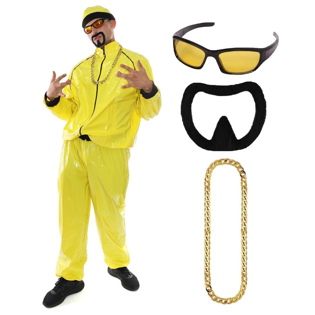 90s Celebrity Costume - Adults Yellow & Black Shell Suit + Matching Hat + Sunglasses + Gold Chain + Black Goatee - Funny Rapper Halloween Stag Do Fancy Dress Costume (Size: X-Large) — image 1