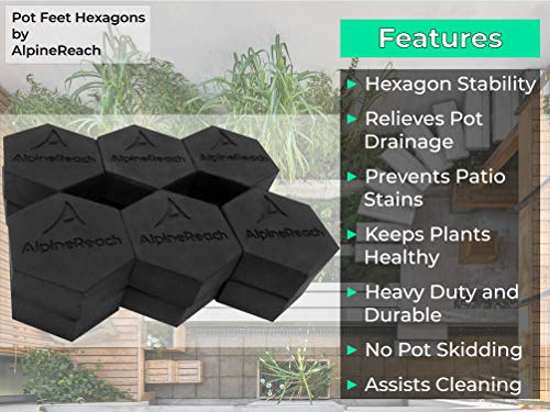 AlpineReach Pot Feet Hexagons 12 Pack - Protect Healthy Plants - Strong Invisible Risers Supports Small to Large Flower Planters with Increased Stability - Outdoor Lifter Toes Elevators Adhesive Pads
