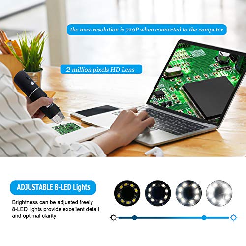 WiFi USB Mikroskop, Handgehalten Mikroskop mit 8 LEDs & Metallständer 50 to 1000X Vergrößerung Zoom Mini Endoskop kompatibel mit iPhone iPad Mac Windows Android für Kind Studenten Ingenieure