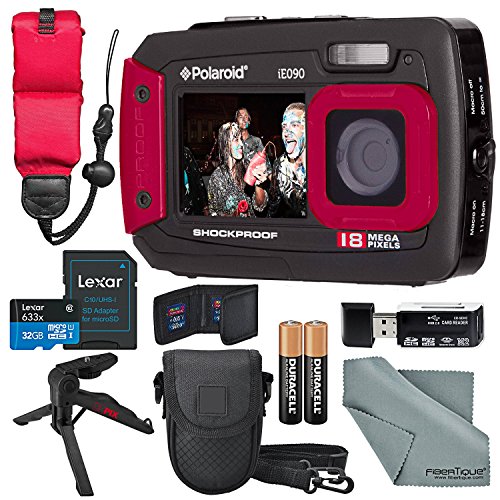 Polaroid-iE090-Dual-Screen-Waterproof-Digital-Camera-Red-Deluxe-Bundle-with-32GBFloating-StrapXpix-TripodCasesSD-ReaderFibertique-Cloth-More
