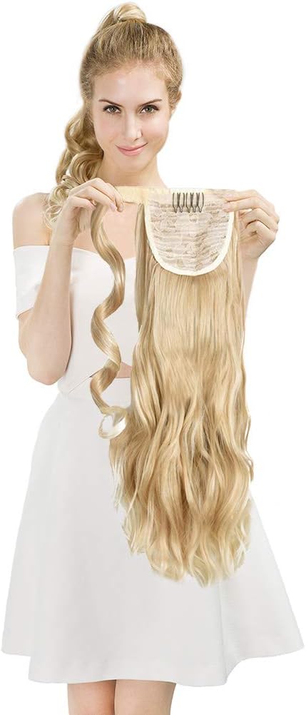 SEIKEA Clip in Ponytail Extension Wrap Around Pony Tail 24 Inch Curly Hair - Blonde with Highlight