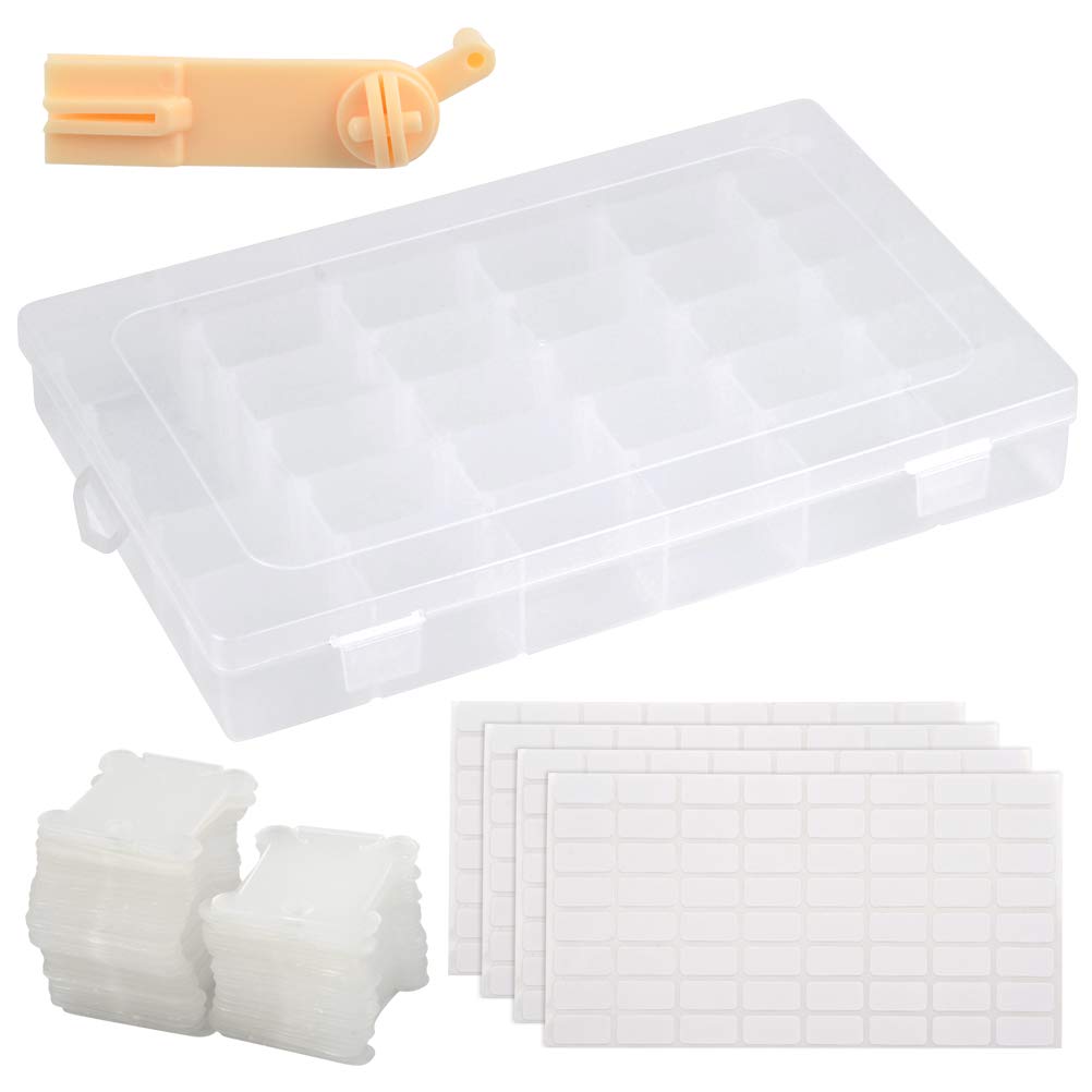 FOCCTS White Plastic Floss Bobbins Set, Embroidery Thread Bobbins with Organizer Storage Box, 4 Sheets of Stickers & 100 Thread Cards