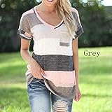 OrliverHL Women's Casual V Neck T-shirt Color Block Patchwork Short Sleeve Blouse Tee Tops,Gray,2XL