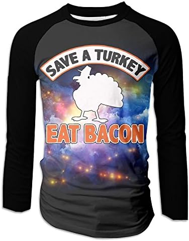 Save A Turkey Eat Bacon Pork Funny Thanksgiving Durable Baseball Boat Neckline Fashion Long Sleeve Men Raglan T Shirt