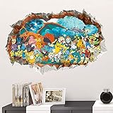 3D Cartoon Pocket Monster Pikachu Through Wall Stickers for Kids Rooms Wall Art Decals Decor Game Posters (20x28inch)
