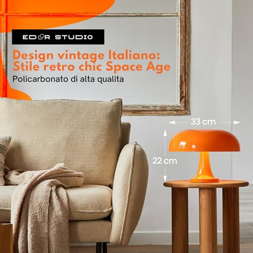 Wireless LED Bedside Lamp-Mushroom Lamp Vintage Design Space Age-Orange Table Lamp with Remote Control, USB Rechargeable Battery, 3 Colors, Touch Dimmer, Atmosphere Lighting