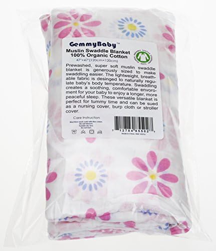 Organic Muslin Swaddle (47"X47", 1 pack flower) Soft Breathable Durable Unisex Multi-purpose Blankets - Great baby shower gift