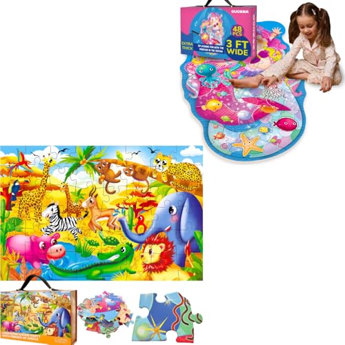 QUOKKA Set of 2 Giant Floor Puzzles for Kids - 48 Pieces Africa - 48 Pieces Shaped Mermaid