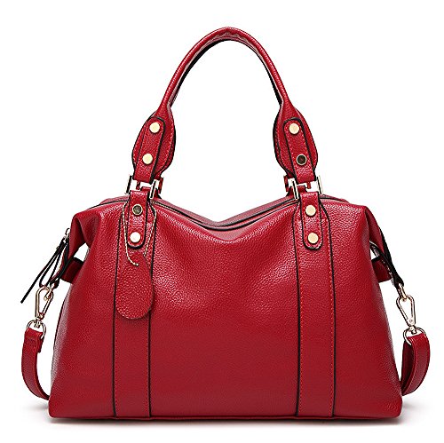 Mn&Sue Spacious Women Boston Pillow Bag Pebbled PU Leather Hobo Handbag Roomy Shoulder Satchel (Wine Red)