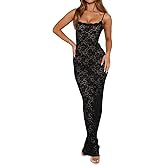 Lingt Chic Women's Lace Maxi Dress Spaghetti Strap Slim Fit Sleeveless Gown with Lace Bust for Evening & Party