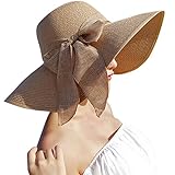 JOYEBUY Women Lady Big Bowknot Straw Hat Floppy Foldable Roll up UV Protection Beach Cap Sun Hat (Khaki)