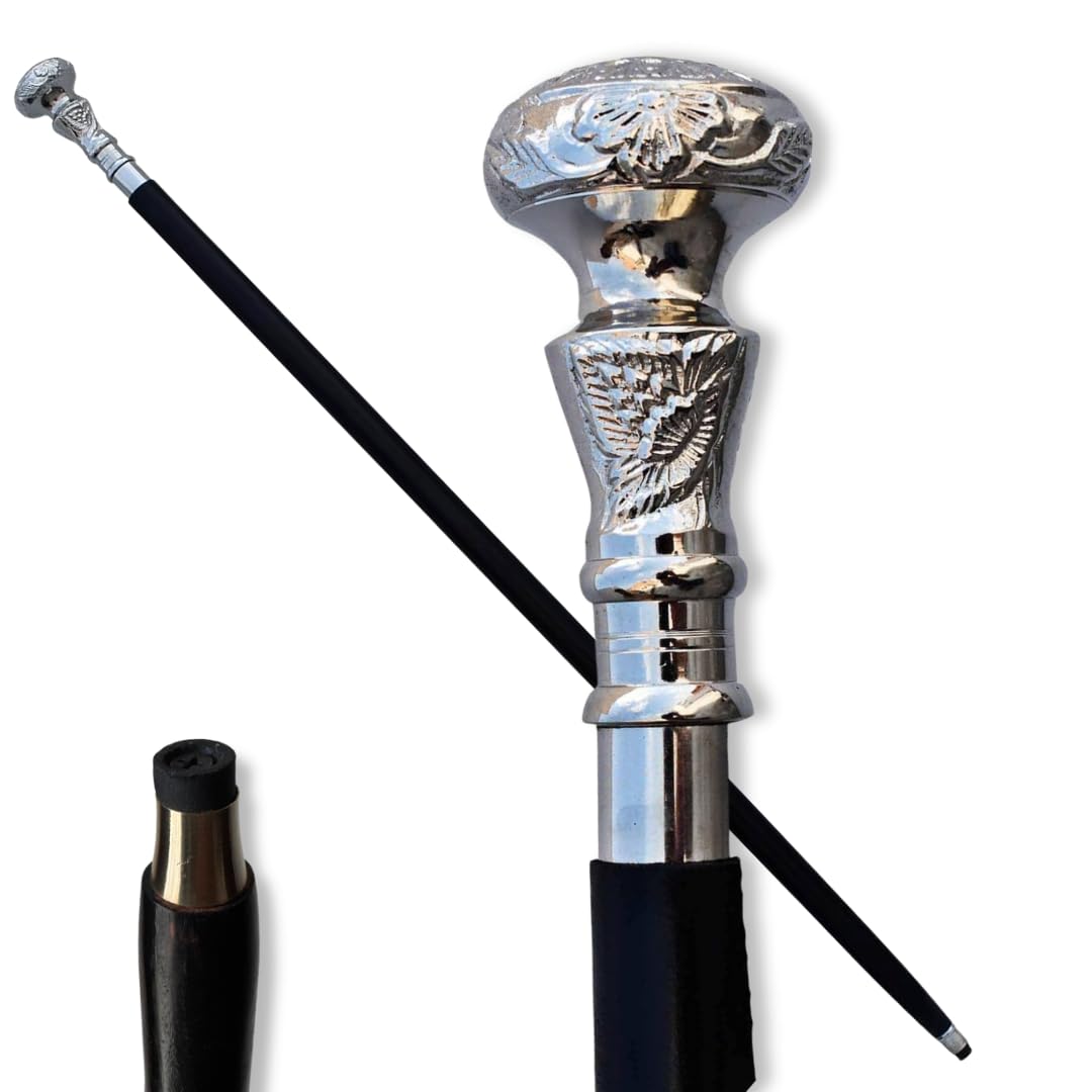 Victorian Walking Silver Handle & Black Wooden Cane Shaft Vintage