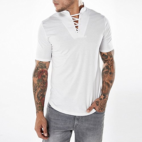 Respctful ♫♫ Men's White Shirt 100% Cotton Casual Hippie Shirt V-Neck Drawstring Short Sleeve Beach Yoga Top - Thumbnail 3