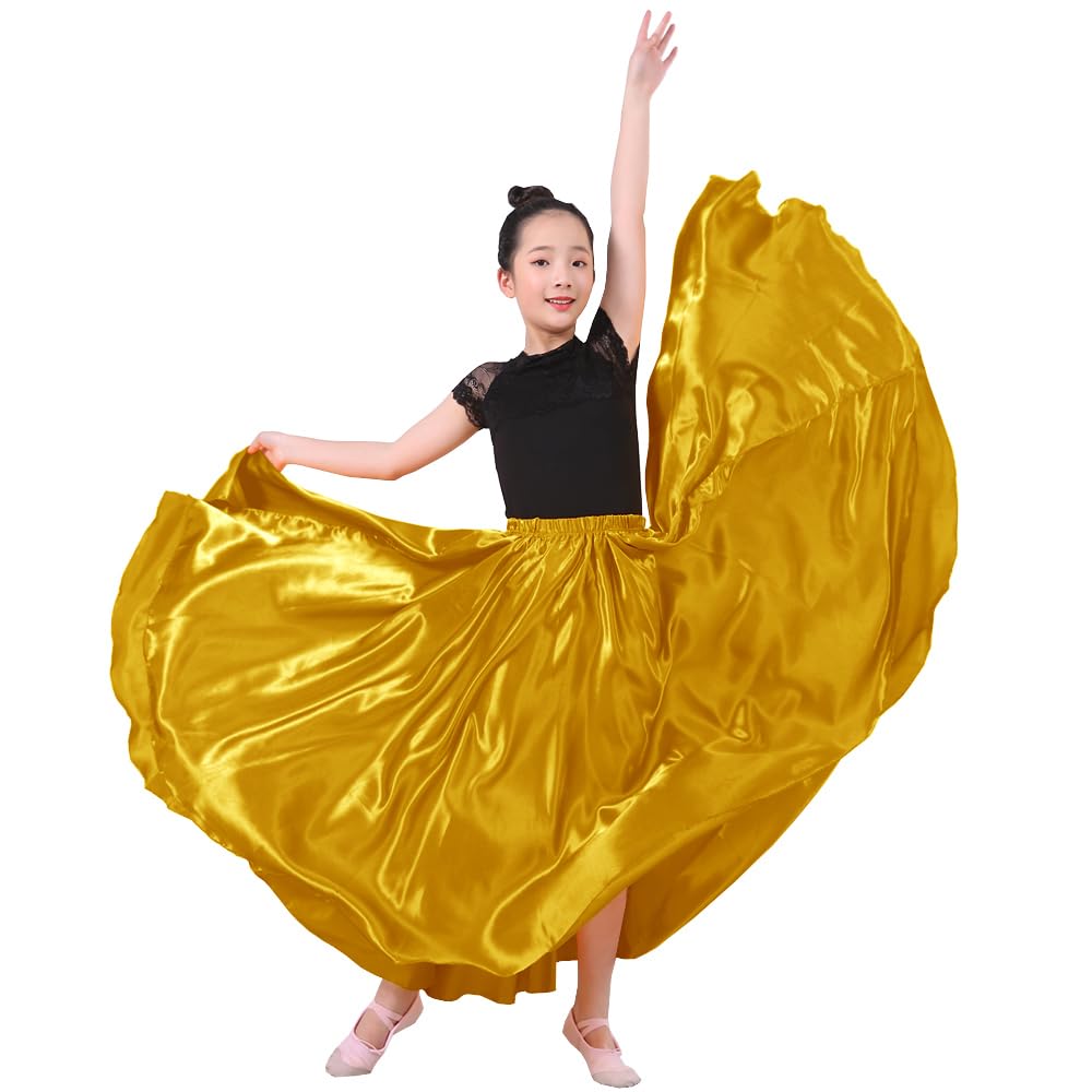 Photo 1 of ***SKIRT SEAMS SEWN IMPROPERLY**** VNOEVW Girls Satin Full Dancing Circle Long Flowy Dance Skirt for Belly Dance, Flamenco, Classical & Folk Dance Gold