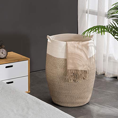 YOUDENOVA Braided Laundry Basket Toy Organizer Storage Basket with Handle Handmade Cotton (105L, Brown)