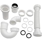 White 1 1/4" and 1-1/2" P-Trap Plumbing Kit with Threaded Adapter, J-Bend for Restroom Sink Kitchen Sink Drain Pipe, Flexible