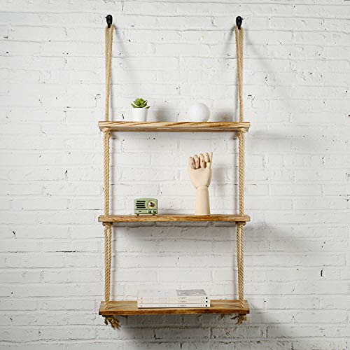 Boutiquemall Swing Rope Floating Shelves, Solid Wood Rope Shelf DIY Wood Hanging Floating