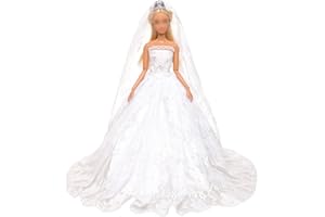 BARWA White Wedding Dress with Long Veil Evening Party Princess White Lace Gown Dress for 11.5 Inch Girl Doll