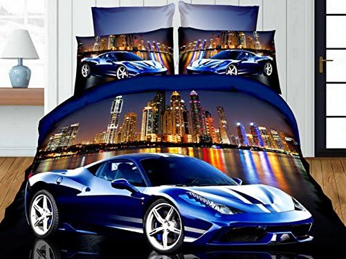 Blue Sport Car 3D Premium Bedding Set Single Size 4 pcs + pillowcases 50x75 cm + flat sheet
