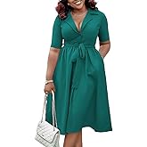 BFFBABY Womens Plus Size Wrap V Neck Casual A Line Midi Dresses Short Sleeve Summer Swing Dress with Belt Pockets