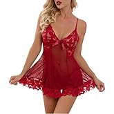 Satohom Women Sexy Nightgown Sleepwear Lace Chemise V-neck Modal Babydoll Nightwear Nightie with Thong Valentines Outfit
