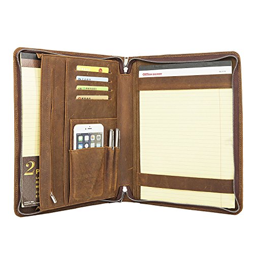 [Custom Engraved] Crazy-horse Leather Portfolio Vintage Padfolio Case Professional Business Organizer Folder Tablet Pad Folio, with Letter Size Notepad, Zippered Closure - Thumbnail 7