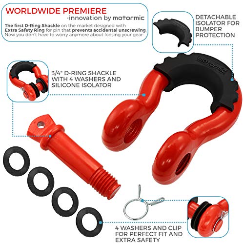 motormic RED D Ring Shackles 2pack - 3/4" Clevis Shackle with 7/8" Pin - Max 57,000 lbs Break Point - 2 Black Isolators and 8 Black Washers - Heavy Duty DRing for Tow Strap and Jeep Towing