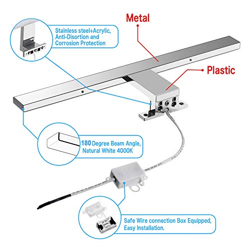 Lámpara LED de Espejo 10W 820LM Lámpara de Baño Azhien, Blanco Neutro 4000K Lámpara LED de Pared Luz de Gabinete IP44 230V Luz de Espejo de Baño de Acero Inoxidable 40cm