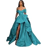 WAREKEAN Off Shoulder Satin Prom Ball Gown Long Ruched A Line Fluffy Wedding Formal Evening Party Dress with Slit