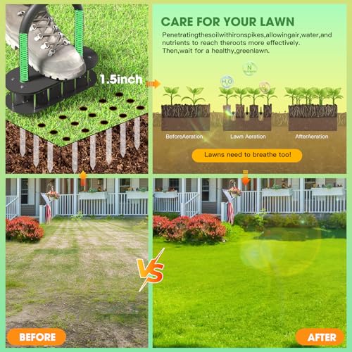Onadak Lawn Aerator Automatic Dirt and Leaf Clean Design,Pre-Assembled 15 Iron Spikes Metal,Soil Lawn Aerating Tools for Yard Lawn and Garden, lawn aerator spikes aerating tool
