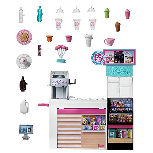 Barbie GMW03 - Naschcafé Spielset, kurviger Blonde (30,4 cm), +20 realistische Spielteile: Maschine, Milch, Sirup, Kaffeebecher, Wasserflaschen, Süßigkeiten, Snacks und mehr, ab 3 Jahren – Bild 7