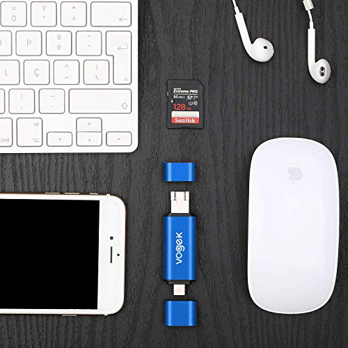 VOGEK SD Card Reader, 3-in-1 USB 3.0 / USB C/Micro USB Card Reader - SD, Micro SD, SDXC, SDHC, Micro SDHC, Micro SDXC Memory Card Reader for MacBook PC Tablets Smartphones - Blue