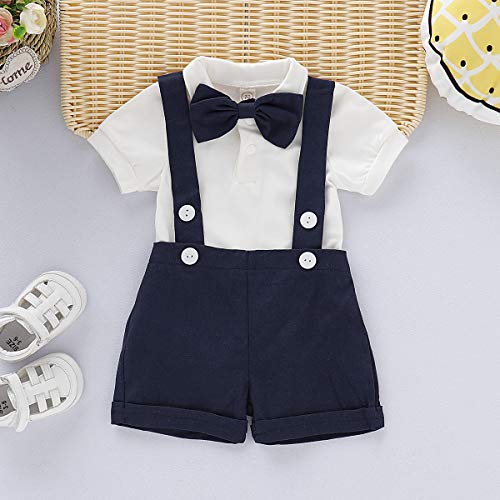 Baby Boys Gentleman Outfits Set Short Sleeve Romper with Tie and Overalls Bib Pants Wedding Tuxedo Outfits (Navy Blue, 0-6 Months)