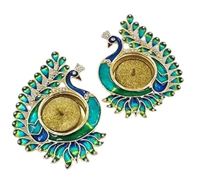 Udaan Art Metal & Crystal Diya with Peacock Designs Pack of 2 (Blue Peacock Sitting Diya)