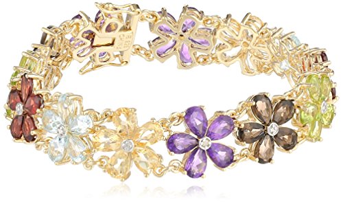 Yellow Gold-Plated Sterling Silver Multi-Gemstone Flower Bracelet, 7.25"