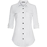 DJT Womens Soft Stretchy Knit Plaid Shirts Roll Up Long Sleeve Collared Button Down Blouses Tops
