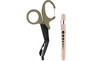 MOVOCA Pen Light for Nurses & Medical Scissors, LED Penlights with Pupil Gauge, 7.5" Bandage Scissors EMT Shears with Carabiner for Doctor, Nurses, Nursing Students (Brown Shears+Rose Gold Penlight)