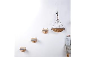 SHENGOCASE Cat Hammock with 3 Steps and Wall Hook, Wall Mounted Handwoven Wicker Rattan Bed, Cat Hanging Bed