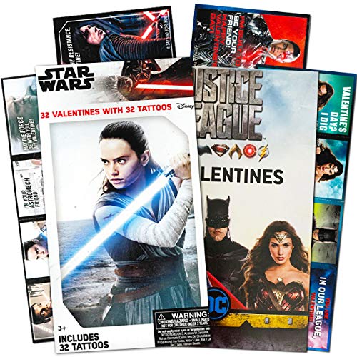 Star Wars Valentines Day Classroom Exchange Cards - 64 Valentine Cards for Boys and Girls, Featuring Star Wars Superhero Justice League Batman Superman Wonder Woman (School Preschool Boxed Pack)