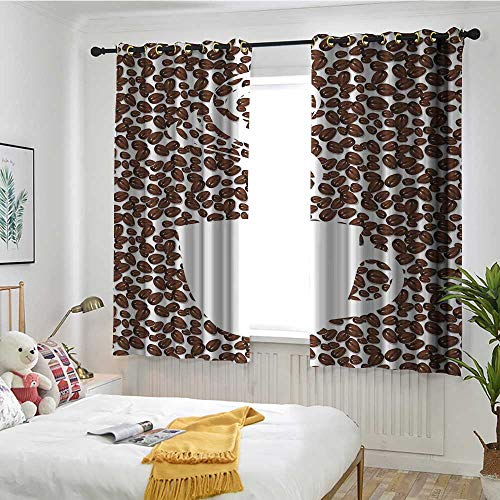 Anzhutwelve Blackout Curtains Coffee,Piping Hot Java Cup Silhouette on Fresh and Aromatic Arabica Beans Gourmet Choice,Brown White W63 x L72 Blackout Drapes