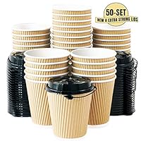 12 OZ Triple Walled Disposable Coffee Cups with Lids 50 Set, No Sleeves Needed, Ripple Insulated To Go Coffee Cups and Multipurpose Lids for Hot Beverage. Eco-Friendly Reusable Paper Cups