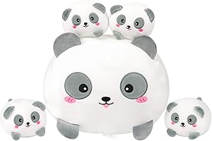 AIXINI Cute Panda Mommy Stuffed Animal with 4 Little Baby Pandas Plush, Super Soft Cartoon Hugging Toy Gifts for Bedding, Kids Sleeping Kawaii Pillow