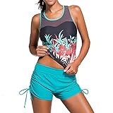 SUNNOE Women's Sleeveless Printed Mesh Splice Racerback Tankini Sets With Boyshort Two Piece Swimsuit Swimwear