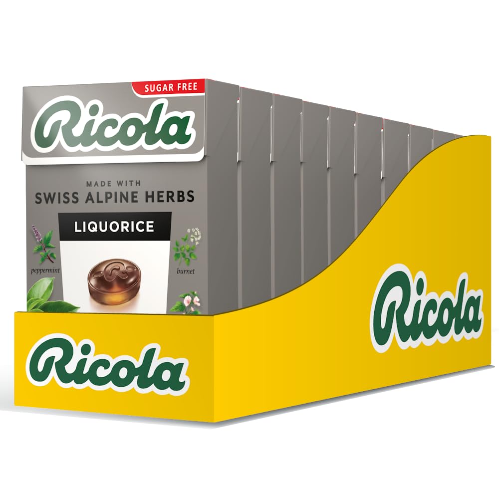 Ricola Liquorice Sugar Free Swiss Herbal Sweets, Herb Drops, Sweet Box 45g - Pack of 10 Boxes
