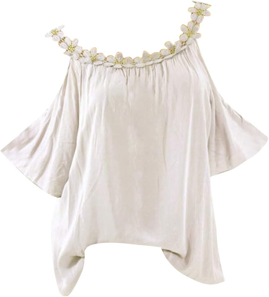 Aniywn Women Summer Lace Patchwork Short Sleeve O-Neck T-Shirt Blouse Off