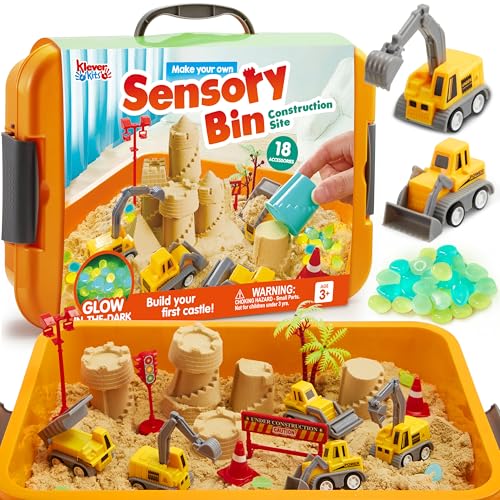 Klever Kits Construction Sensory Bin for Toddlers with Glow in The Dark Stones, Sandbox with Lid Castle Building kit, Preschool Learning Activities Gifts for Boys Girls Age 3+ by JOVA